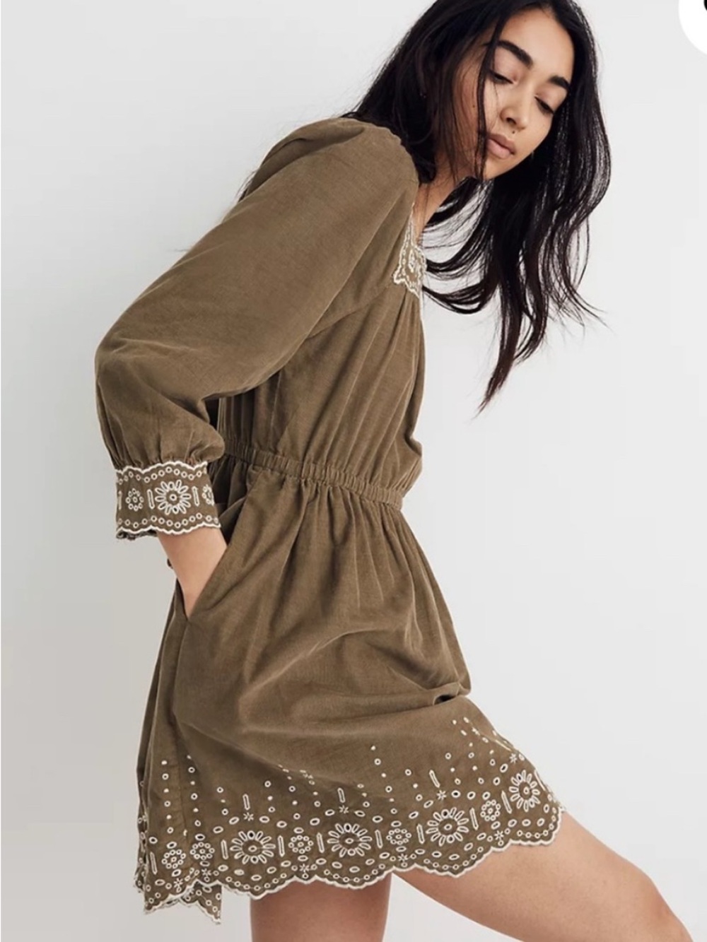 Madewell Olive Green Square-Neck Embroidered Long-Sleeve Dress